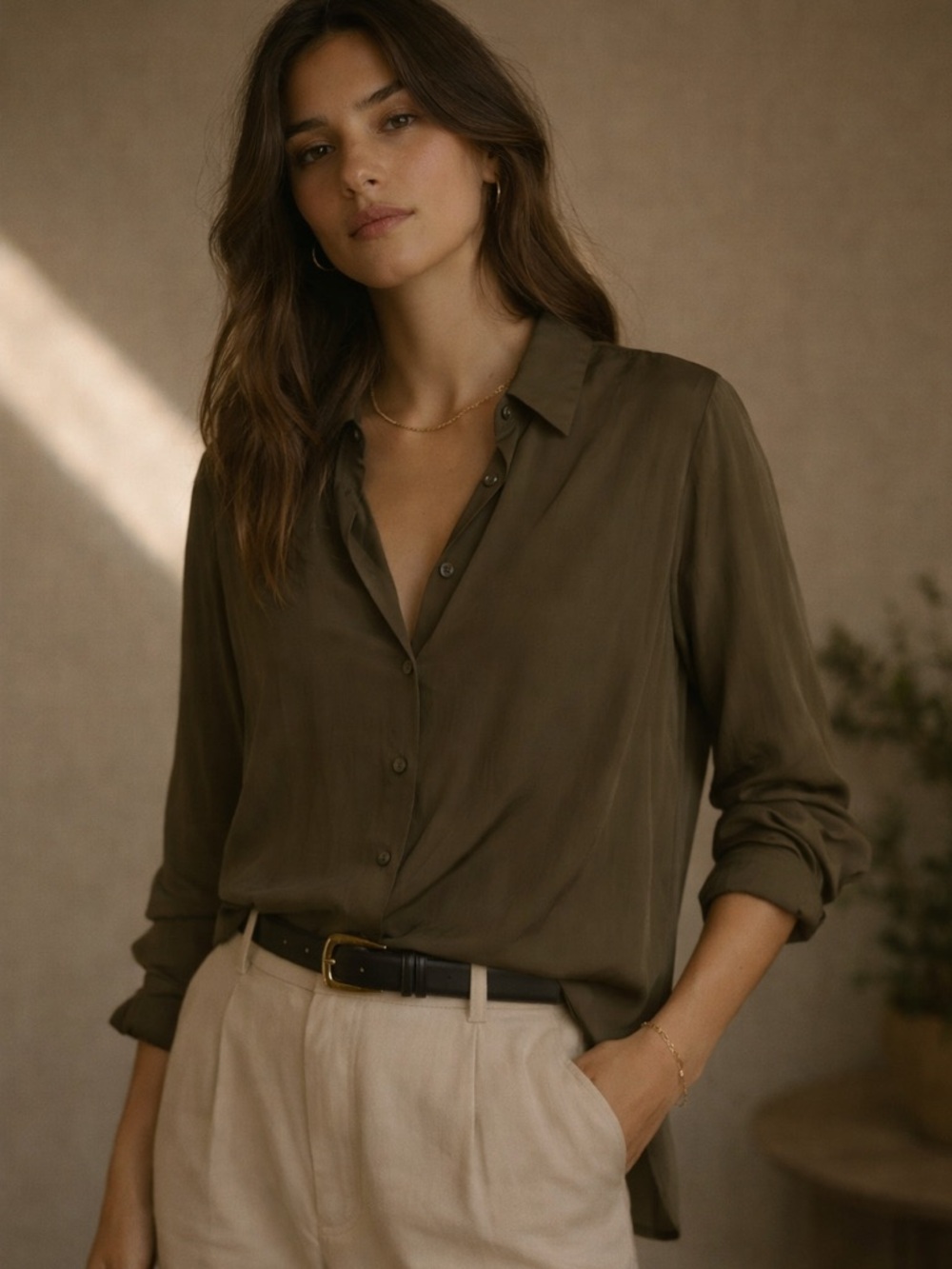 Babaton Olive Green Blouse Silk Feel Button Front – Screen Worn The Boys Size S